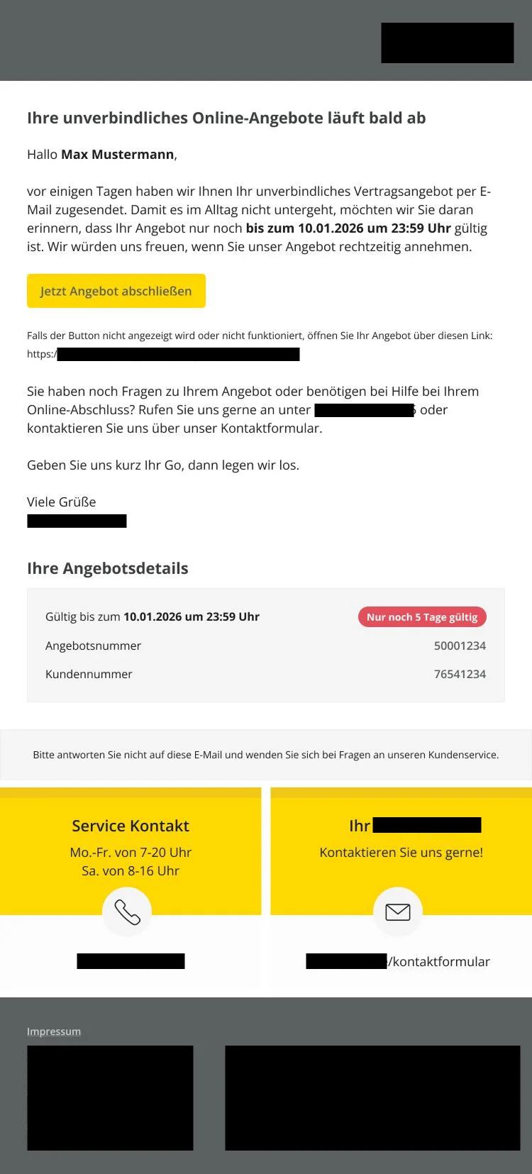 Erinnerungs-E-Mail kurz vor Ablauf des Online-Angebots