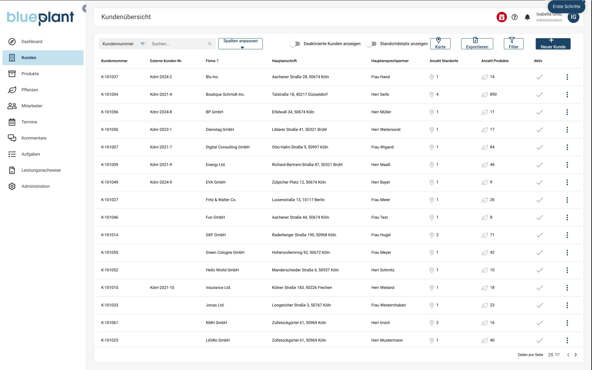 Kundenübersicht im CRM vor dem Redesign, durchgehend hell gehalten