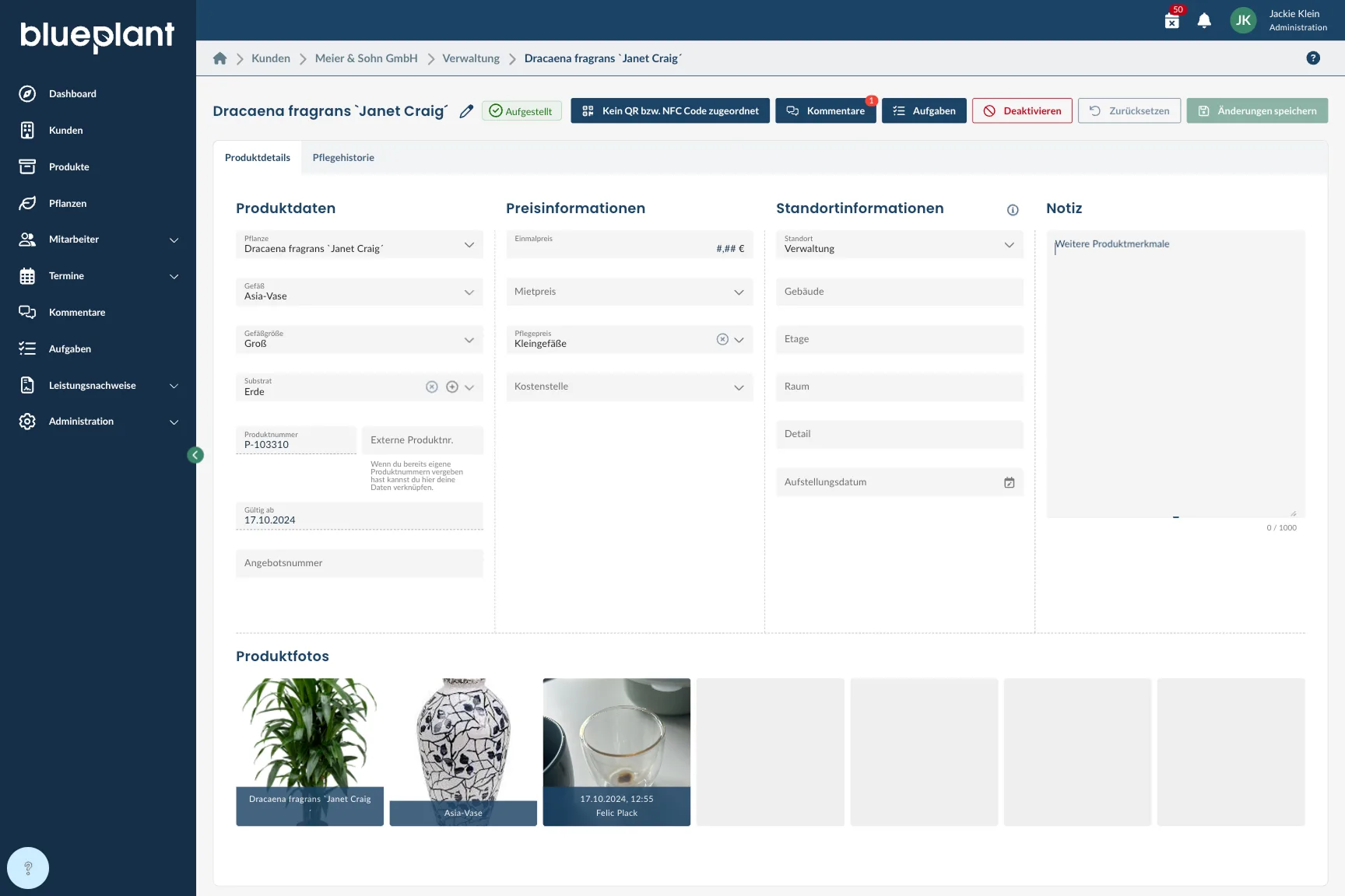 Produktdetailseite nach dem Redesign, mit Tabs für Produktdetails und Pflegehistorie